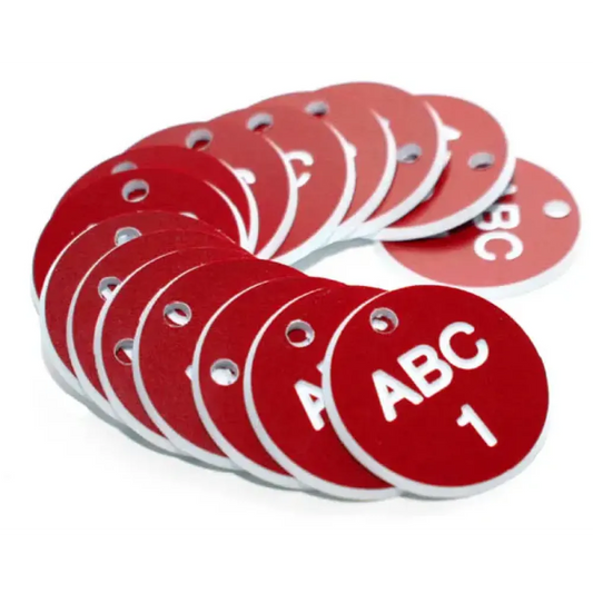 27mm Engraved Valve Tags - 50 sequential numbers with prefix - (eg. 1-50) White text on red