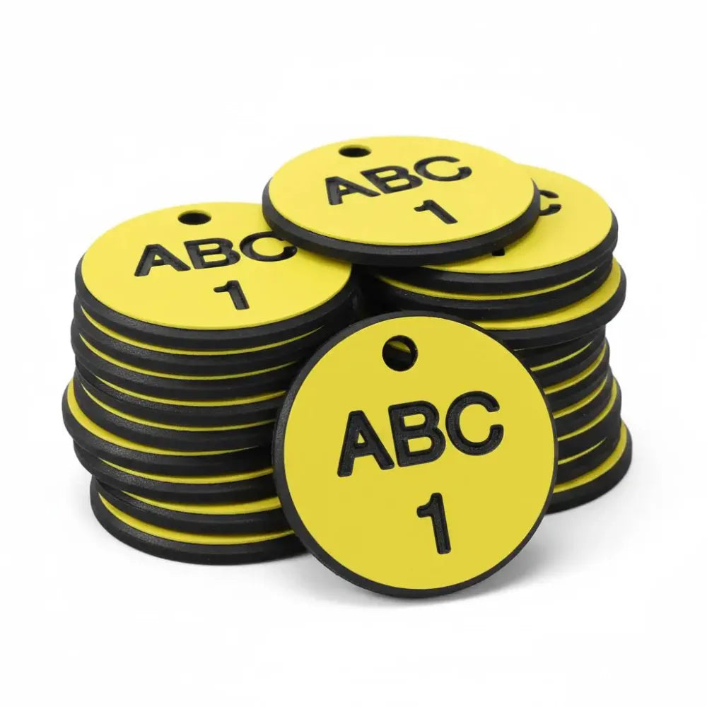 27mm Engraved Valve Tags - 50 sequential numbers with prefix - (eg. 1-50) Black text on yellow