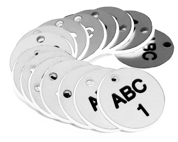 38mm Engraved Valve Tags - 50 sequential numbers with prefix - (eg. 1-50) Black text on white