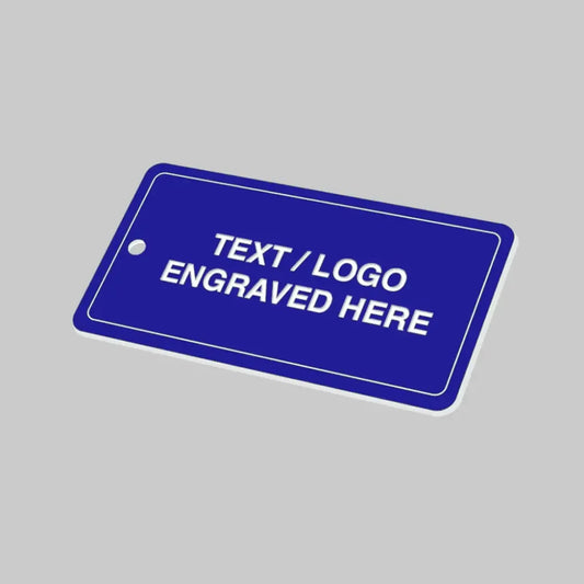 50x100mm Key fob rectangle - White text on blue