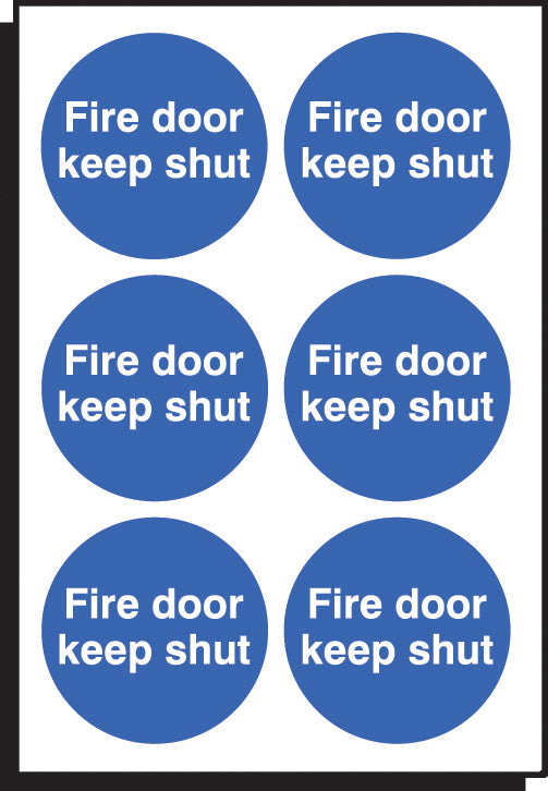 Fire door keep shut 65mm dia -  sheet of 6 peel n stick labels
