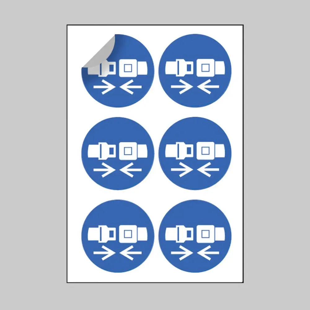 Seatbelt symbol 65mm dia sheet of 6 peel 'n' stick labels