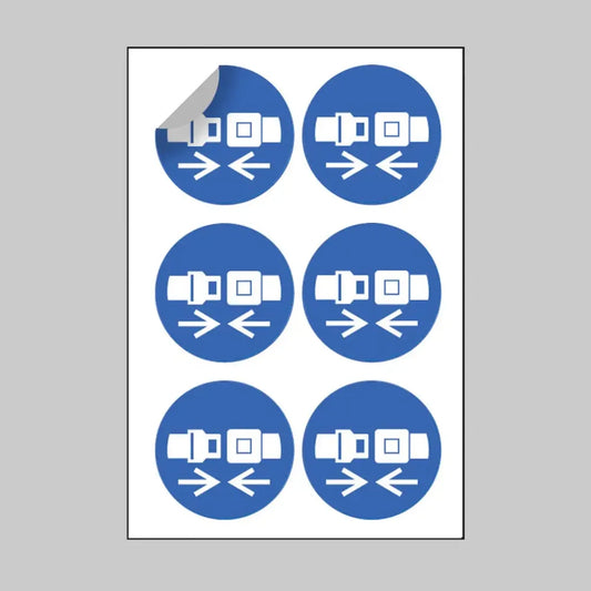 Seatbelt symbol 65mm dia sheet of 6 peel 'n' stick labels