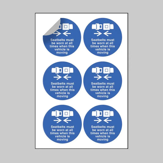 Seatbelts must be worn at all times when vehicle is moving 65mm dia sheet of 6 peel 'n' stick labels