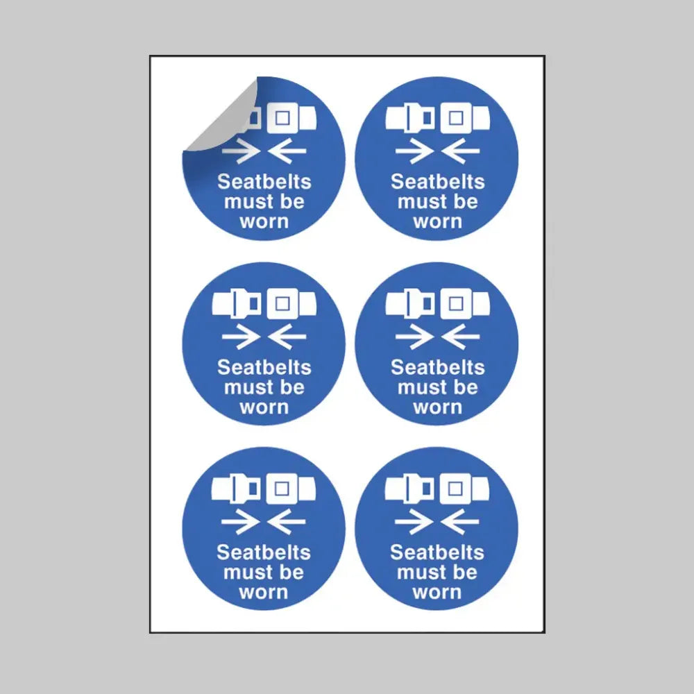 Seatbelts must be worn 65mm dia sheet of 6 peel 'n' stick labels