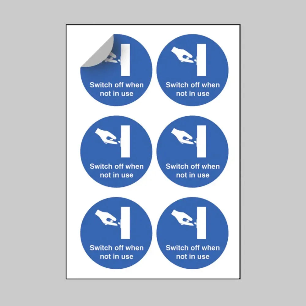 Switch off when not in use 65mm dia - sheet of 6 peel 'n' stick labels