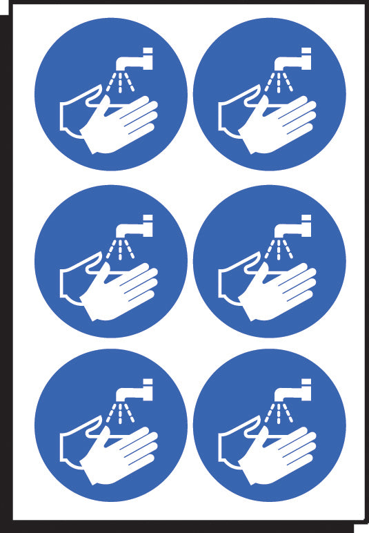 Wash hands symbol 65mm dia - sheet of  6 peel 'n' stick labels