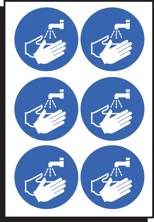 Wash hands symbol 65mm dia - sheet of  6 peel 'n' stick labels