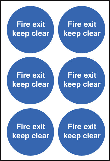 Fire exit keep clear 65mm dia - sheet of 6 peel n stick labels