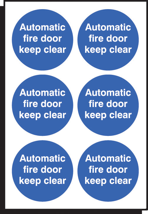 Auto fire door keep clear 65mm dia -  sheet of 6 peel n stick labels
