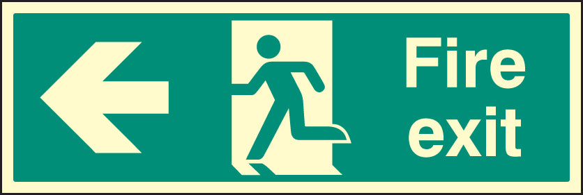 Fire exit left 900x300mm photoluminescent rigid plastic