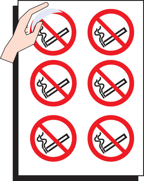 No smoking 75mm dia - sheet of 6 peel 'n' stick labels