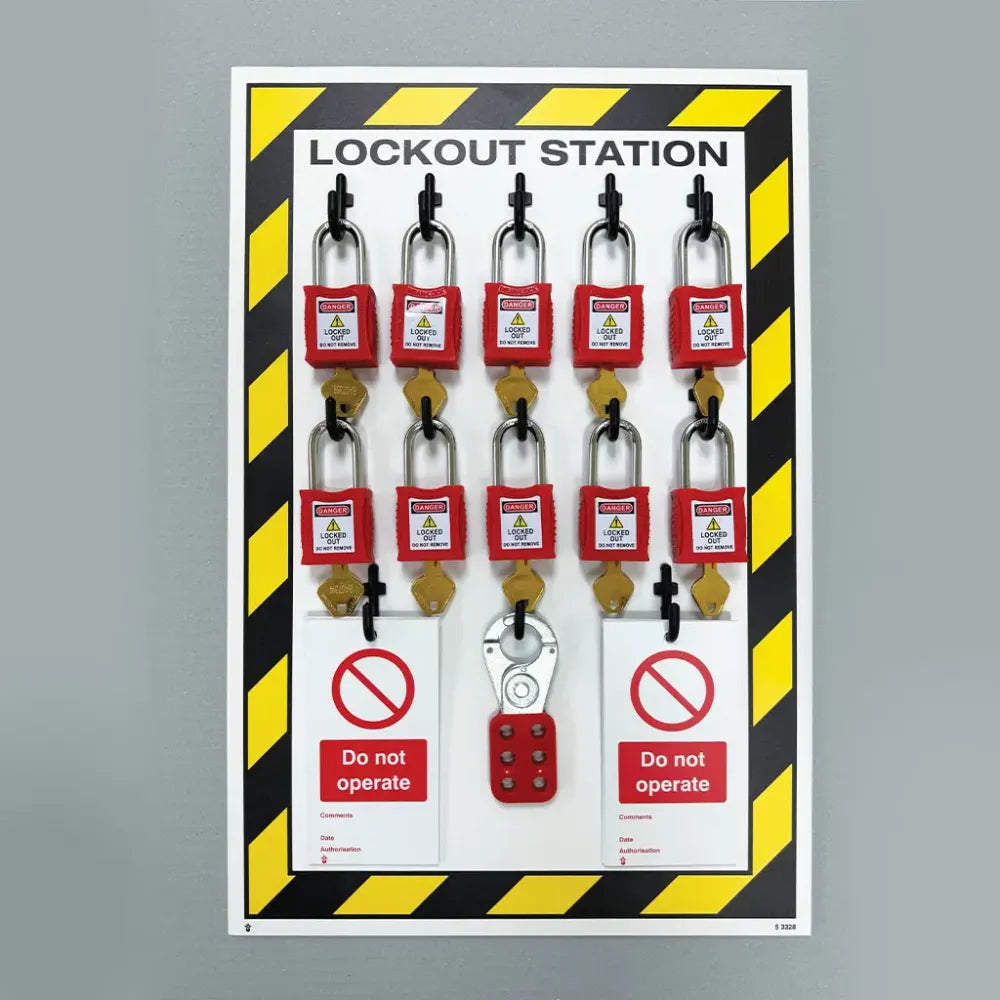 Lockout Station, 10 Lock Capacity, Includes Contents (10xpadlocks, 2x pk of 10 tags, 1x25mm hasp)