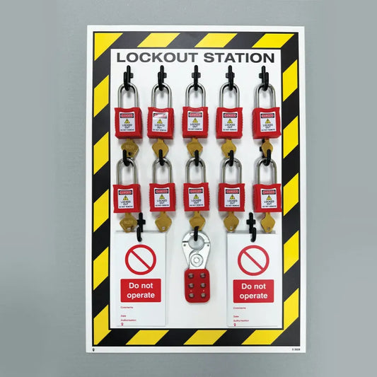 Lockout Station, 10 Lock Capacity, Includes Contents (10xpadlocks, 2x pk of 10 tags, 1x25mm hasp)