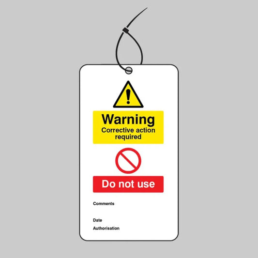 53419 Warning corrective action required.. double sided safety tags 80x150mm c/w cable ties (pack of 10) Miscellaneous - Safety Tags