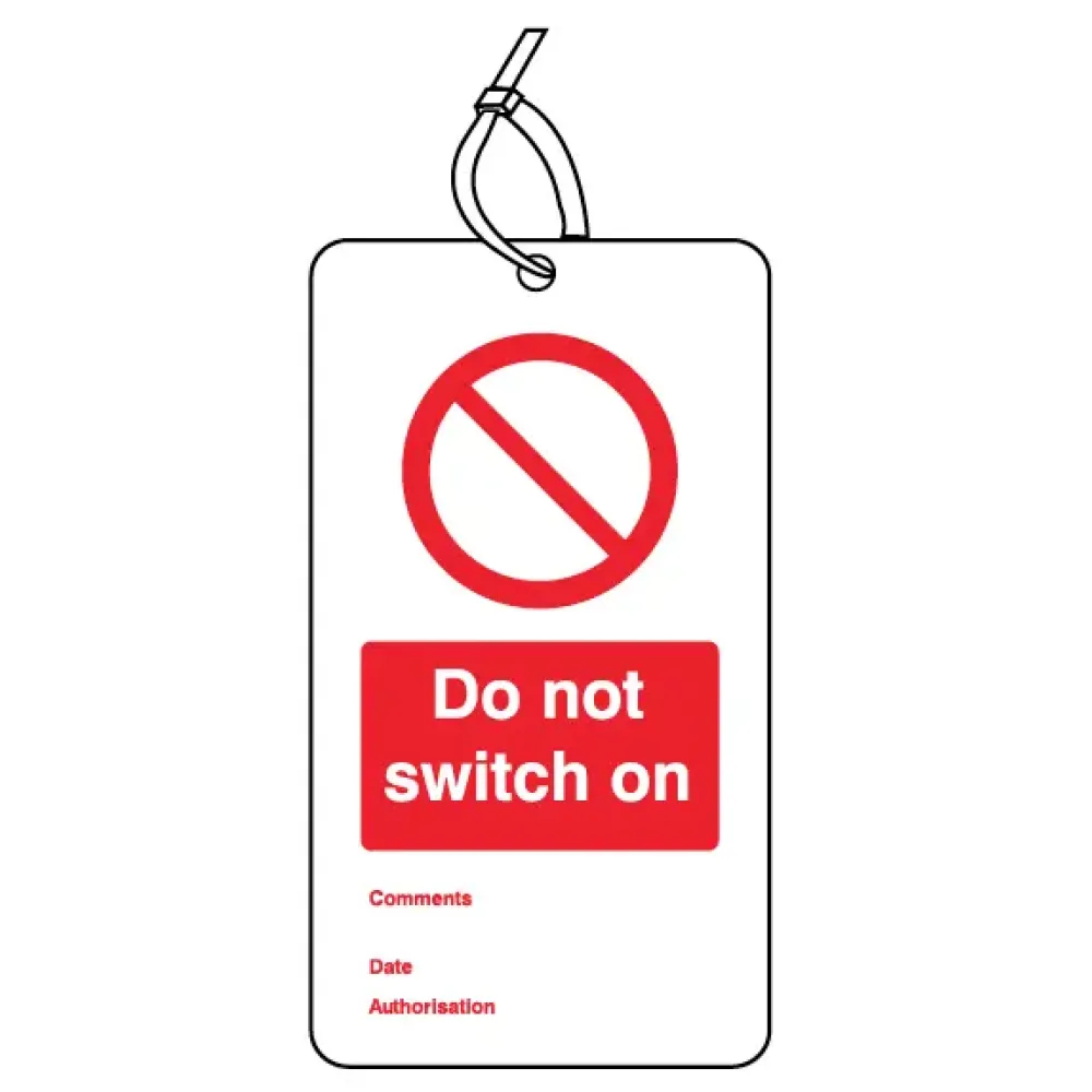 Do not switch on double sided safety tags 80x150mm c/w cable ties (pack of 10)