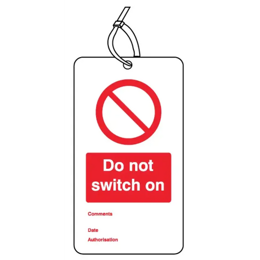Do not switch on double sided safety tags 80x150mm c/w cable ties (pack of 10)