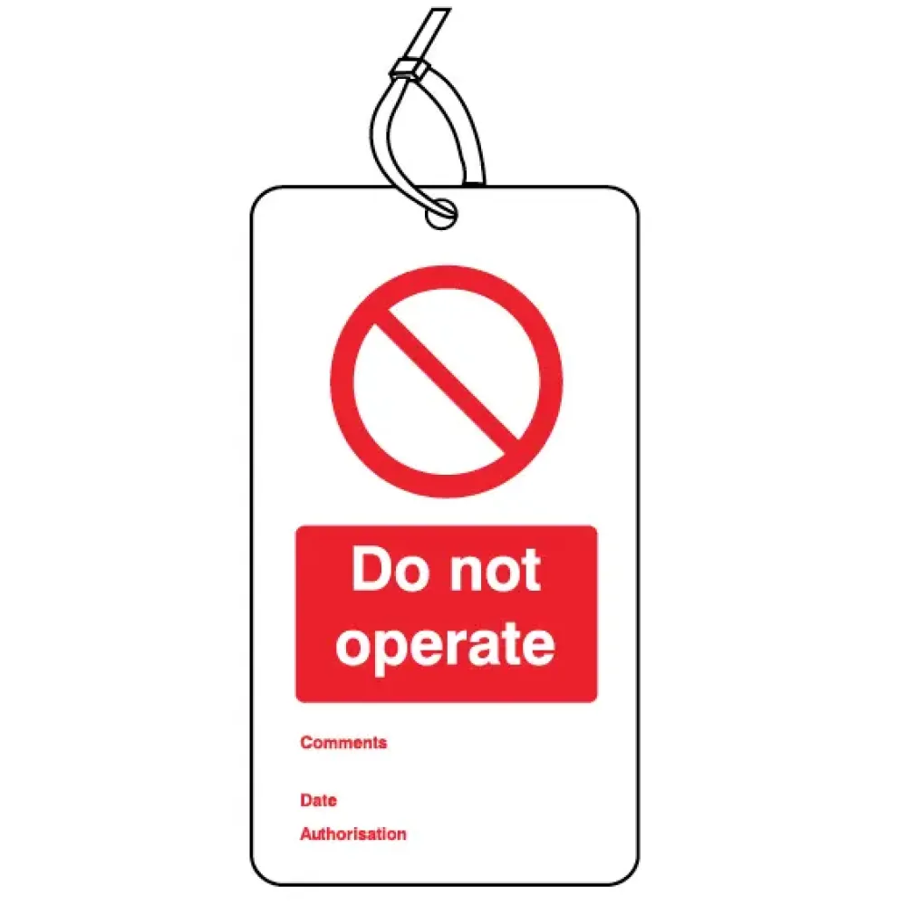 Do not operate double sided safety tags 80x150mm c/w cable ties (pack of 10)