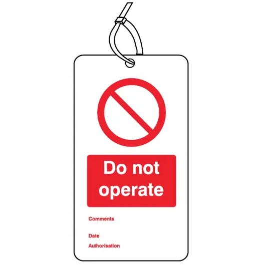 Do not operate double sided safety tags 80x150mm c/w cable ties (pack of 10)