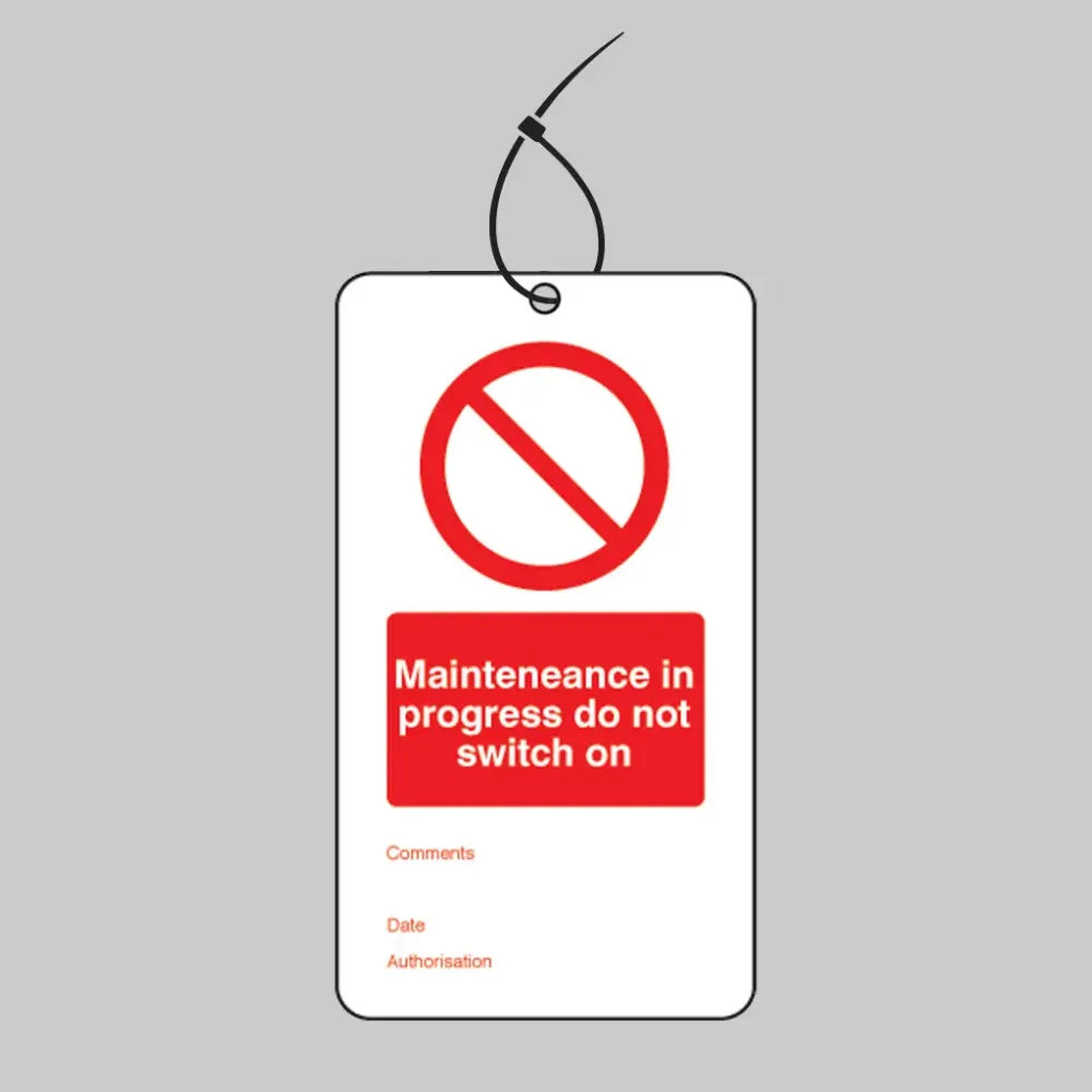 Maintenance in progress double sided safety tags 80x150mm c/w cable ties (pack of 10)