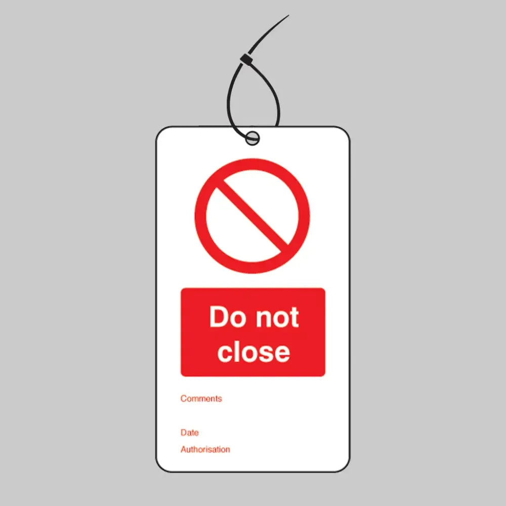 Do not close double sided safety tags 80x150mm c/w cable ties (pack of 10)
