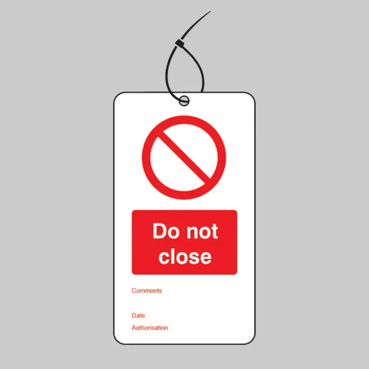 Do not close double sided safety tags 80x150mm c/w cable ties (pack of 10)