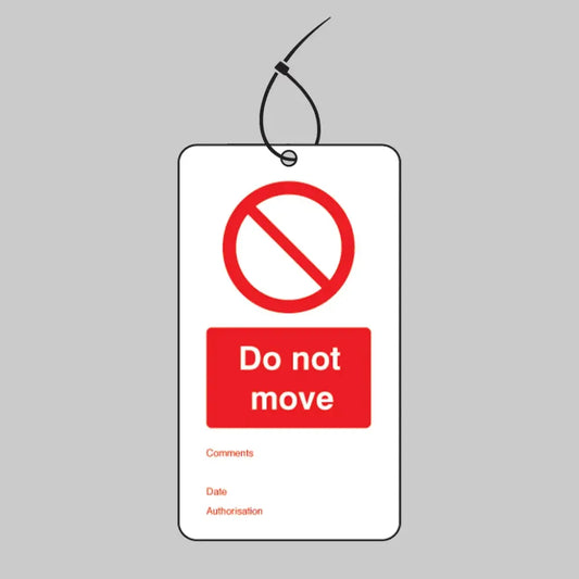 Do not move double sided safety tags 80x150mm c/w cable ties (pack of 10)