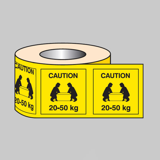 Lifting labels caution 20-50kg roll of 500 50x50mm self adhesive vinyl