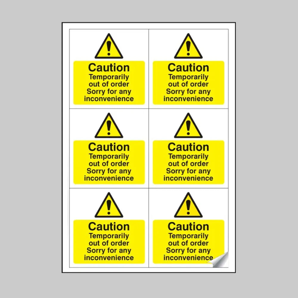 Caution temporarily out of order sheet of 6 peel 'n' stick labels 99x105mm
