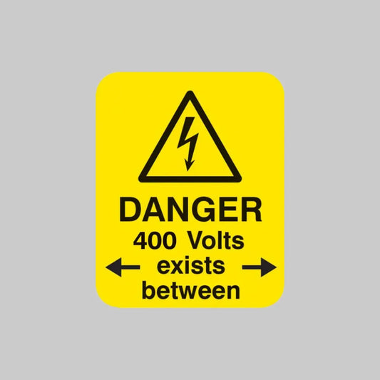 Danger 400 volts <-exists between-> Sheet of 25 labels 40x50mm