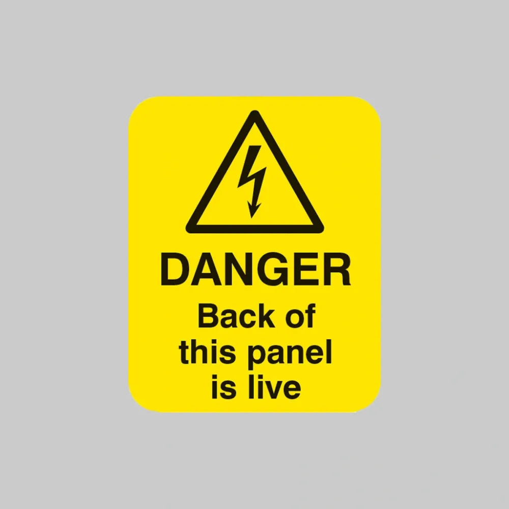Danger back of this panel is live Sheet of 25 labels 40x50mm