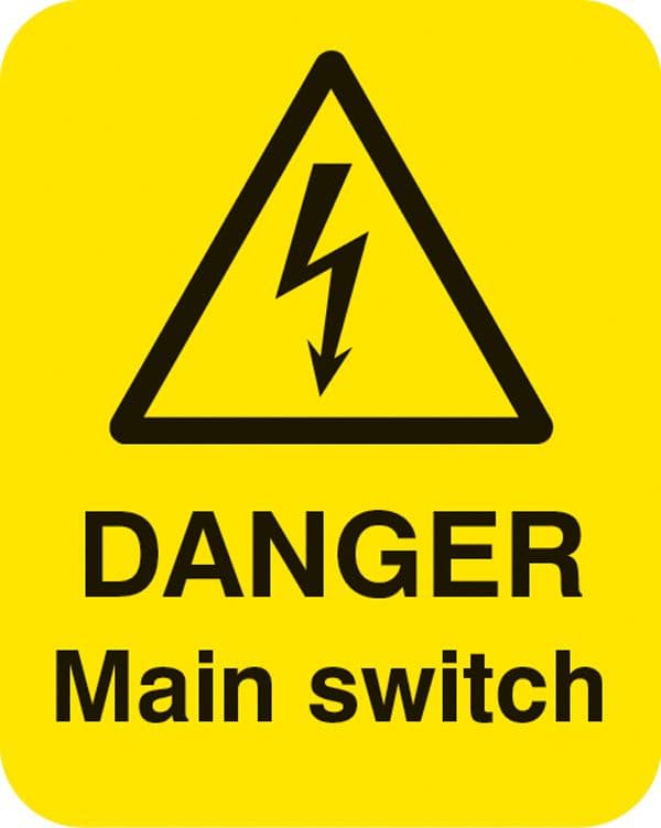 54057 Danger main switch Sheet of 25 labels 40x50mm  (40x50mm) Safety Sign