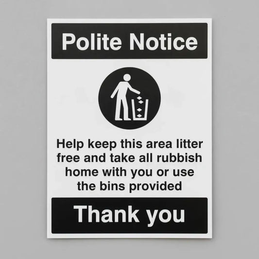 15492K Help keep this area litter free Please take all rubbish home with you or use the bins provided Rigid Plastic (400x300mm) Safety Sign