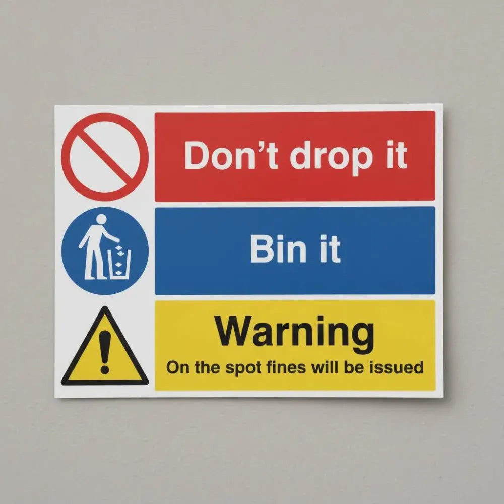 15495K Don't drop it - bin it! On the spot fines will be issued Rigid Plastic (400x300mm) Safety Sign