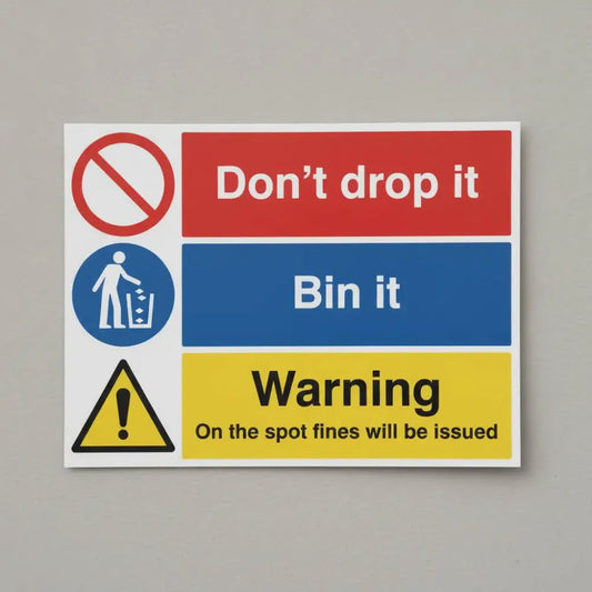 15495K Don't drop it - bin it! On the spot fines will be issued Rigid Plastic (400x300mm) Safety Sign