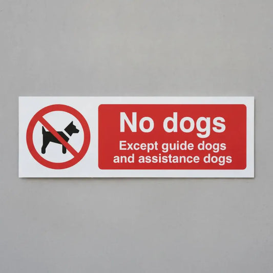 15496E No dogs Except guide dogs and assistance dogs Rigid Plastic (200x150mm) Safety Sign