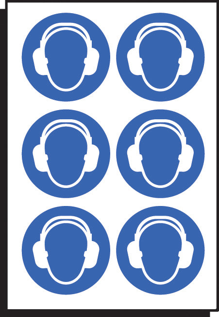 Ear protection symbol 50mm dia - sheet of 6 peel 'n' stick labels