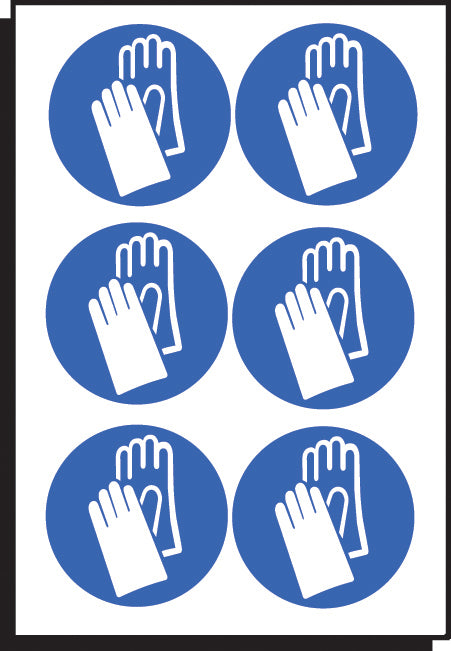Hand protection symbol 50mm dia - sheet of 6 peel 'n' stick labels
