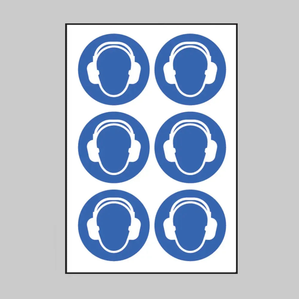 Ear protection symbol 100mm dia - sheet of 6 peel 'n' stick labels