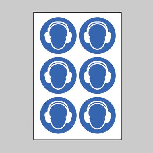 Ear protection symbol 100mm dia - sheet of 6 peel 'n' stick labels