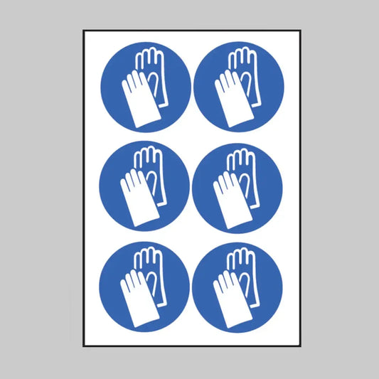 Hand protection symbol 100mm dia - sheet of 6 peel 'n' stick labels