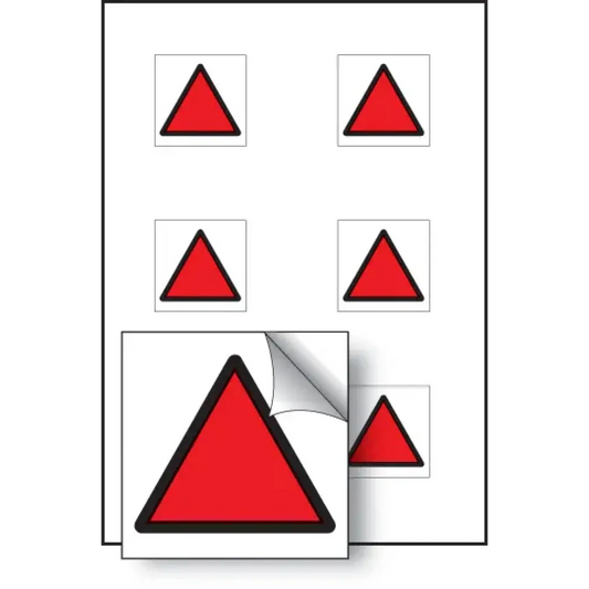 Red triangle vibration safety 25x25mm - sheet of 6 self adhesive