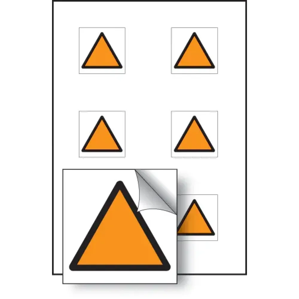 Orange triangle vibration safety 25x25mm - sheet of 6 self adhesive