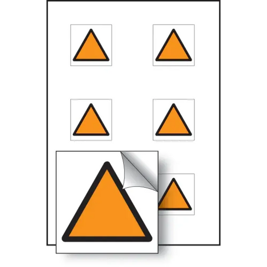 Orange triangle vibration safety 25x25mm - sheet of 6 self adhesive