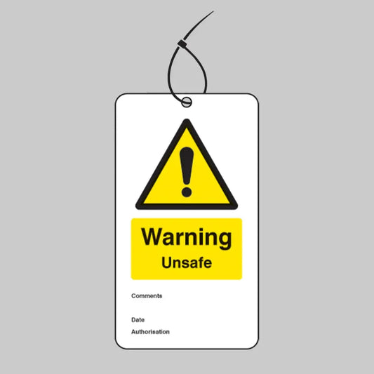Warning unsafe double sided safety tags 80x150mm c/w cable ties (pack of 10)