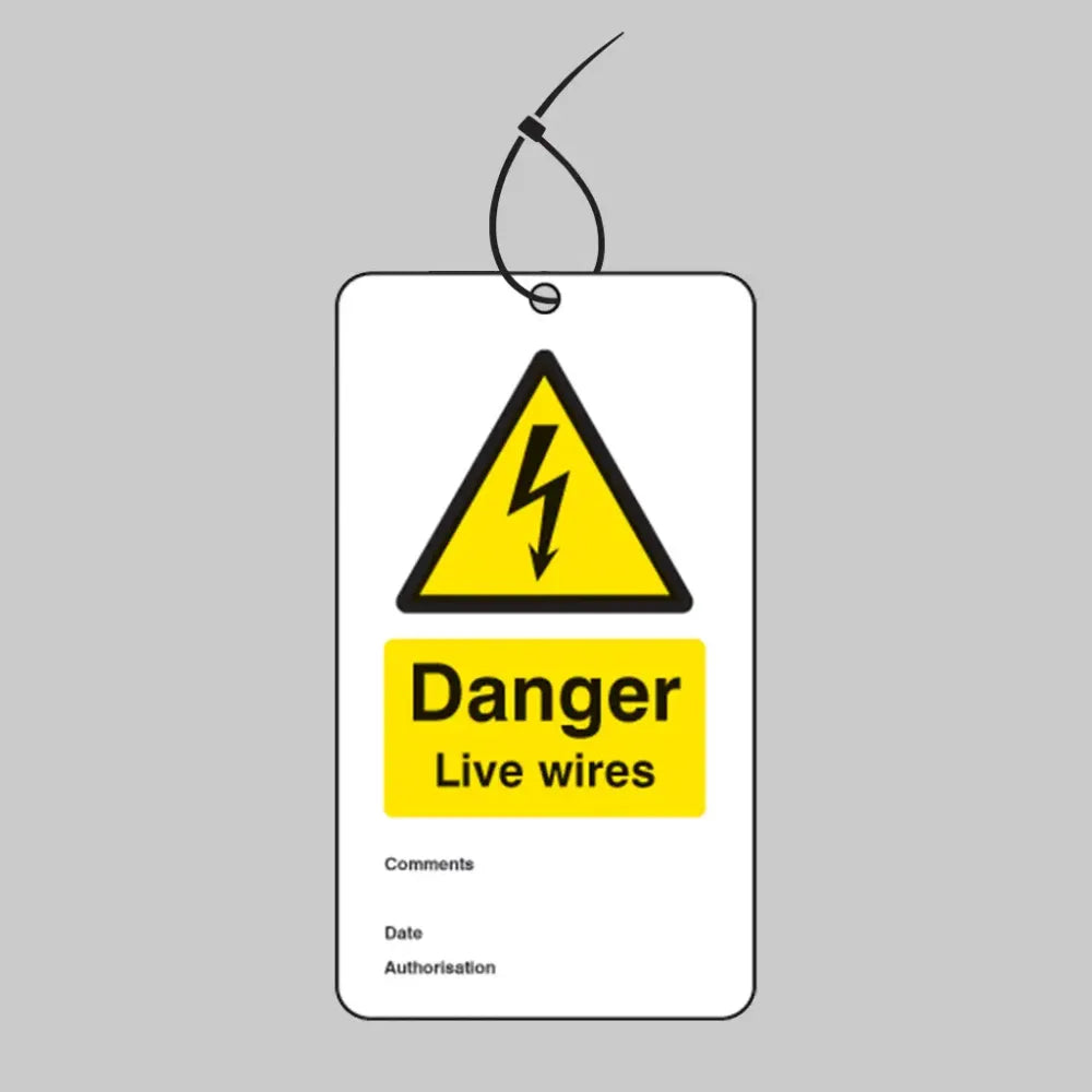 Danger live wires double sided safety tags 80x150mm c/w cable ties (pack of 10)