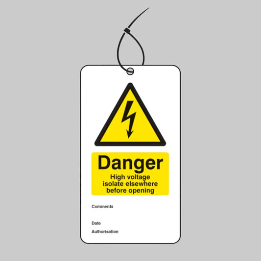 Danger high voltage isolate elsewhere double sided safety tags 80x150mm c/w cable ties (pack of 10)