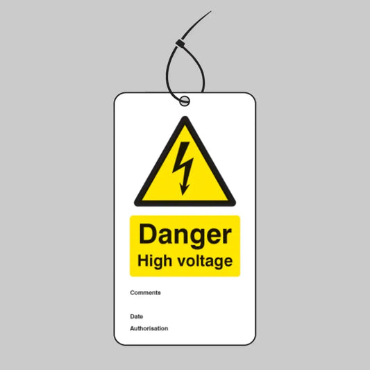 Danger high voltage double sided safety tags 80x150mm c/w cable ties (pack of 10)