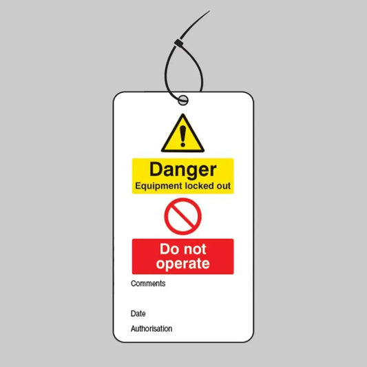 Danger equipment locked out etc.. double sided safety tags 80x150mm c/w cable ties (pack of 10)