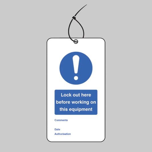 Lockout here before working etc... double sided safety tags 80x150mm c/w cable ties (pack of 10)